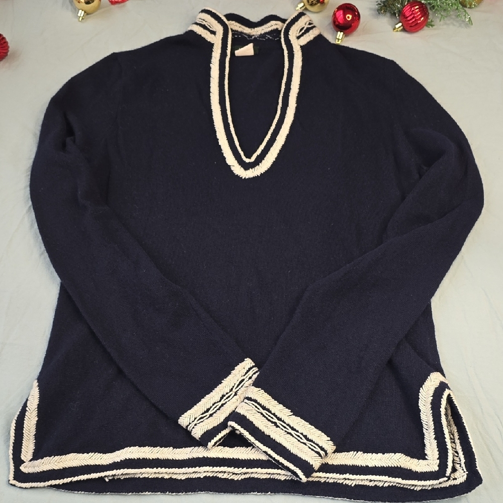 J. Crew Navy V-Neck Sweater with Cream Trim